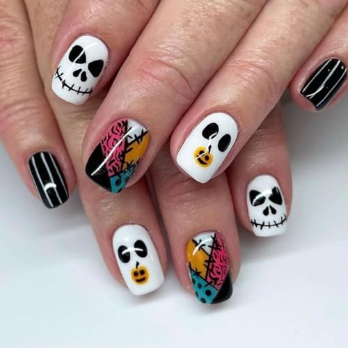 Resweky Halloween Square Fledermaus Spinne Französisch gefälschte Nägel Kurze Ghostface Geist gefälschte Nägel Volle Abdeckung Acryl Nägel für Frauen und Mädchen (Colorful, L) von Resweky