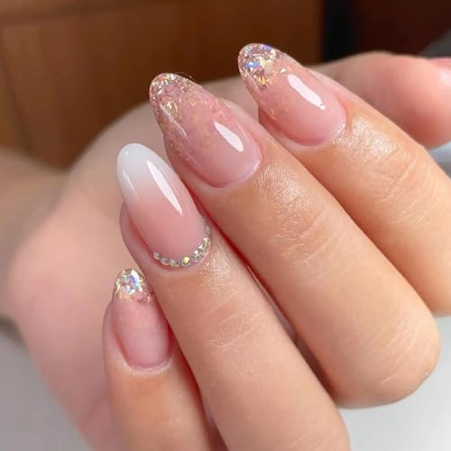 Resweky Mittlere Oval Lange Gefälschte Nägel Rosa Nackte Gefälschte Nägel Glänzende Kristall Glitter Mandel Volle Abdeckung Acryl Nägel Französisch Druck Auf Nägeln Für Frauen von Resweky