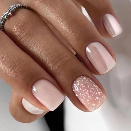 Resweky Quadratische Mittel Kurze Falsche Nägel Rosa Nackt Gefälschte Nägel Pailletten Glitter Volle Abdeckung Acryl Französisch Presse Nägel für Frauen von Resweky