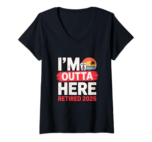 Damen I'm Outta Here Retired 2025 Lustiger Ruhestand Tropischer Sonnenuntergang T-Shirt mit V-Ausschnitt Damen I'm Outta Here Retired 2025 Lustiger Ruhestand Tropischer Sonnenuntergang T-Shirt mit V-Ausschnitt von Retired 2025 Im Outta Here Beach Vacation Gifts