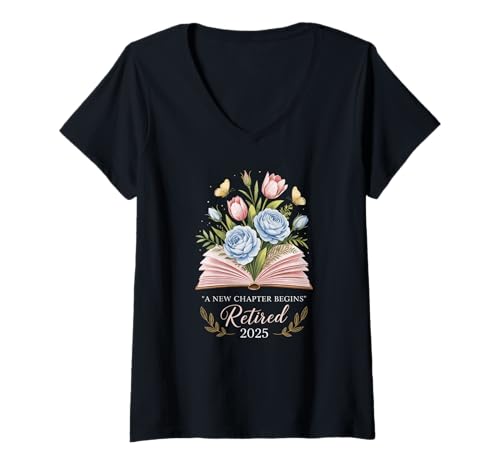 Damen Retired 2025 A New Chapter Begins Buch-Design T-Shirt mit V-Ausschnitt von Retirement 2025 Chapter