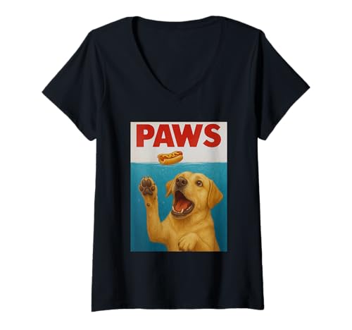 Damen Paw Labrador Hot Dog Funny Underwater Labrador T-Shirt mit V-Ausschnitt von Retriever Paws Art