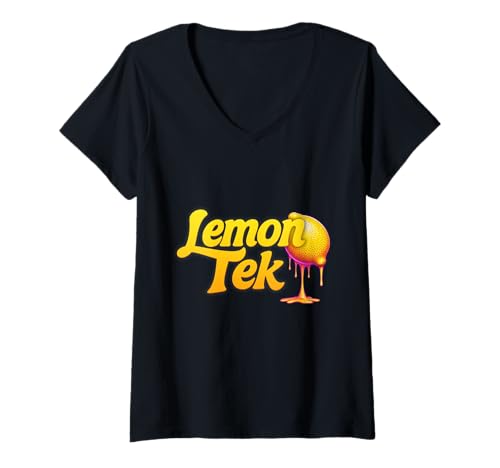 Damen Cartoon Zitrone, Retro, 70er Psychedelic Style, Lemon tek T-Shirt mit V-Ausschnitt Damen Cartoon Zitrone, Retro, 70er Psychedelic Style, Lemon tek T-Shirt mit V-Ausschnitt von Retro, 70er Psychedelic Style, lemon tek, d.b.A.i.