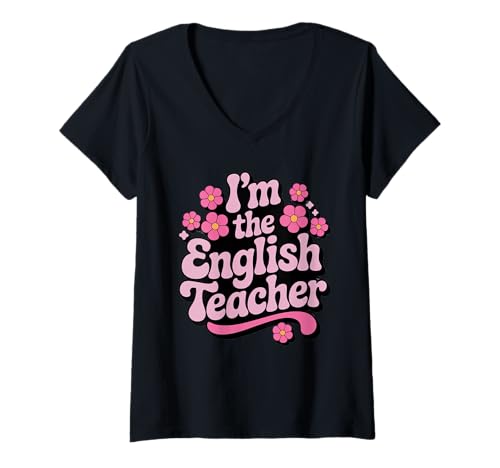 Damen I’m The English Teacher, Retro 70s Purple & Pink Flowers T-Shirt mit V-Ausschnitt Damen I’m The English Teacher, Retro 70s Purple & Pink Flowers T-Shirt mit V-Ausschnitt von Retro 70's English Teacher Gifts & Apparel
