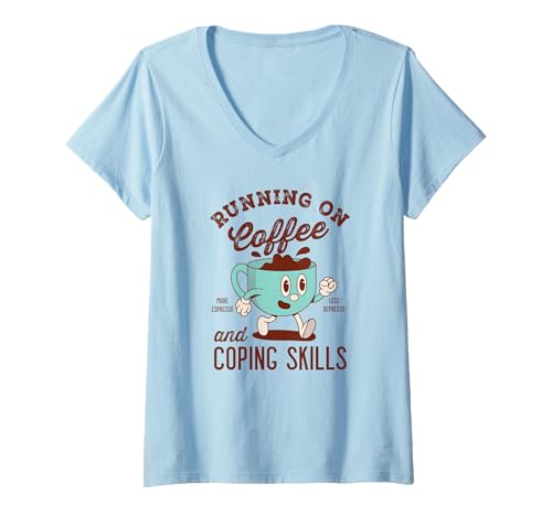 Damen Laufen auf Kaffee und Bewältigungsfähigkeiten T-Shirt mit V-Ausschnitt Damen Laufen auf Kaffee und Bewältigungsfähigkeiten T-Shirt mit V-Ausschnitt von Retro 70's Funny Coffee Lover