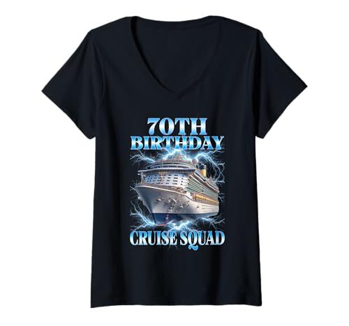 Damen 70. Geburtstag Cruise Squad 2026 Matching Family Vacation T-Shirt mit V-Ausschnitt Damen 70. Geburtstag Cruise Squad 2026 Matching Family Vacation T-Shirt mit V-Ausschnitt von Retro 70th Birthday Cruise Squad 2026