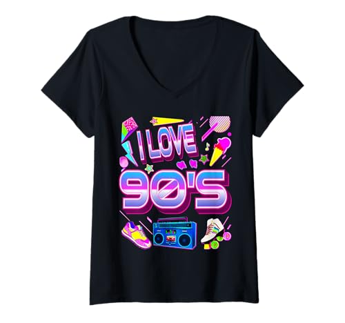 Damen I Love 80er 90er Jahre Musik Retro Vintage Kassettenband Party T-Shirt mit V-Ausschnitt von Retro 80's 90's Music Lover Graphic Gifts