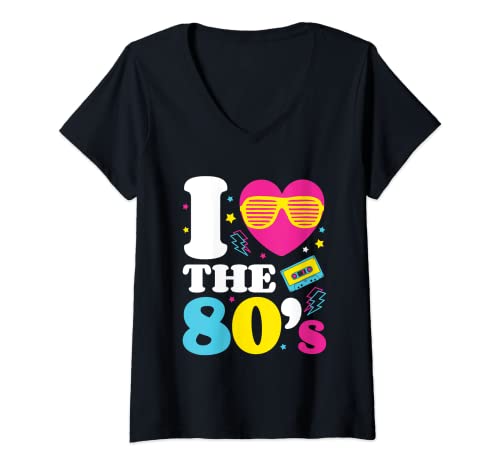 Damen Ich liebe die 80er und 1980er Vintage-Kostümparty der Achtziger T-Shirt mit V-Ausschnitt von Retro 80's Rock Fan Costume Apparel