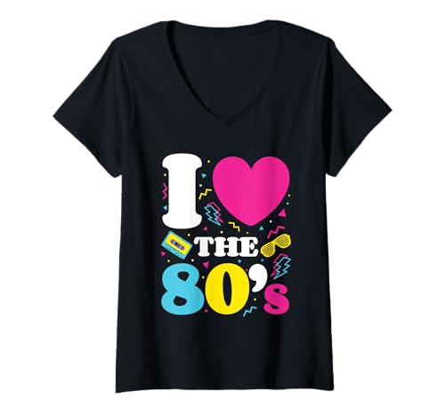 Damen Ich liebe die 80er, 1980er, Retro-Achtziger-Kostümparty T-Shirt mit V-Ausschnitt Damen Ich liebe die 80er, 1980er, Retro-Achtziger-Kostümparty T-Shirt mit V-Ausschnitt von Retro 80's Rock Fan Costume Apparel