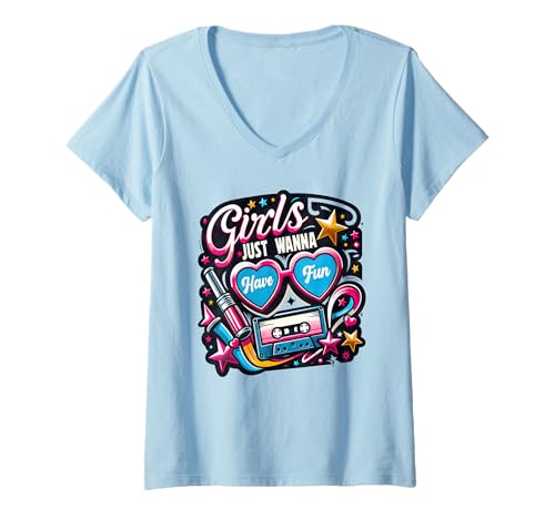 Damen Girls Just Wanna Have Fun Retro 80er Jahre Musik Party Design T-Shirt mit V-Ausschnitt Damen Girls Just Wanna Have Fun Retro 80er Jahre Musik Party Design T-Shirt mit V-Ausschnitt von Retro 80s Music Girls Just Wanna Fun