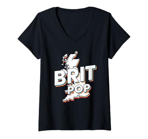 Damen Brit Pop Britannia UK Musikszene 90er Jahre Throwback T-Shirt mit V-Ausschnitt Damen Brit Pop Britannia UK Musikszene 90er Jahre Throwback T-Shirt mit V-Ausschnitt von Retro 90s Brit Pop