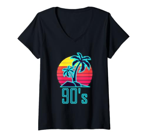 Damen 90er Jahre Sonnenuntergang Palmen Tropical Throwback T-Shirt mit V-Ausschnitt Damen 90er Jahre Sonnenuntergang Palmen Tropical Throwback T-Shirt mit V-Ausschnitt von Retro 90s Island Vibes Summer Aesthetic