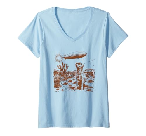 Damen Vintage Wüstenhund und Zeppelin Illustration Kunst T-Shirt mit V-Ausschnitt Damen Vintage Wüstenhund und Zeppelin Illustration Kunst T-Shirt mit V-Ausschnitt von Retro Adventure Pet Apparel