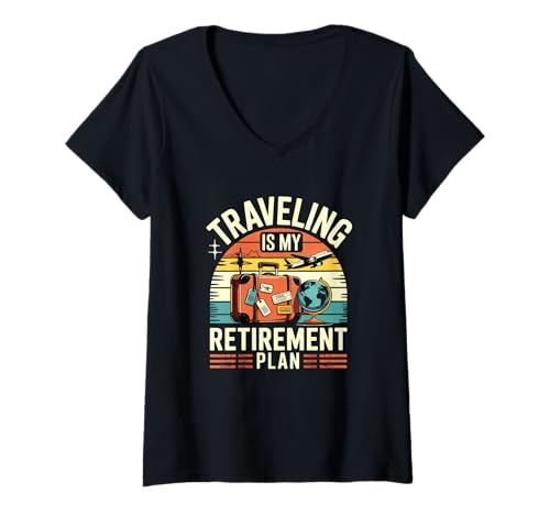 Damen Reise-Ruhestandsplan, lustiger Vintage-Reiseglobus T-Shirt mit V-Ausschnitt Damen Reise-Ruhestandsplan, lustiger Vintage-Reiseglobus T-Shirt mit V-Ausschnitt von Retro Adventure Tee for Men Women Retirement Gift