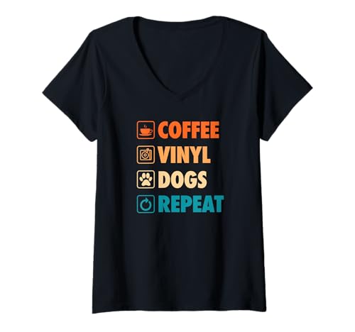 Damen Coffee Vinyl Dogs Repeat Life Simple Basic Schallplatten T-Shirt mit V-Ausschnitt von Retro Aesthetic Merch For Vinyl Record Collectors