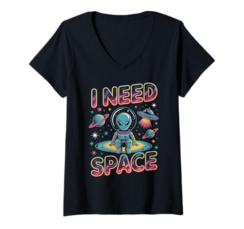 Damen I Need Space Funny Alien Astronaut Retro Planet T-Shirt mit V-Ausschnitt von Retro Alien Astronaut Humor Vibes