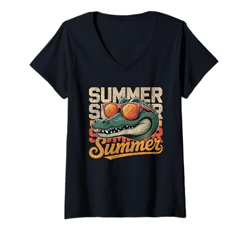 Damen Sommeralligator - Tropischer Urlaub Hawaiianisches Krokodil T-Shirt mit V-Ausschnitt von Retro Alligator Apparel Gifts