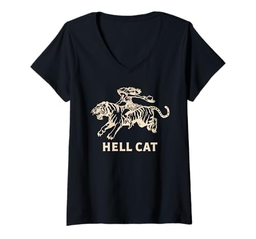 Damen Vintage Hölle Katze Kunst Retro Tiger Grafik Ästhetik T-Shirt mit V-Ausschnitt Damen Vintage Hölle Katze Kunst Retro Tiger Grafik Ästhetik T-Shirt mit V-Ausschnitt von Retro Americana Prints