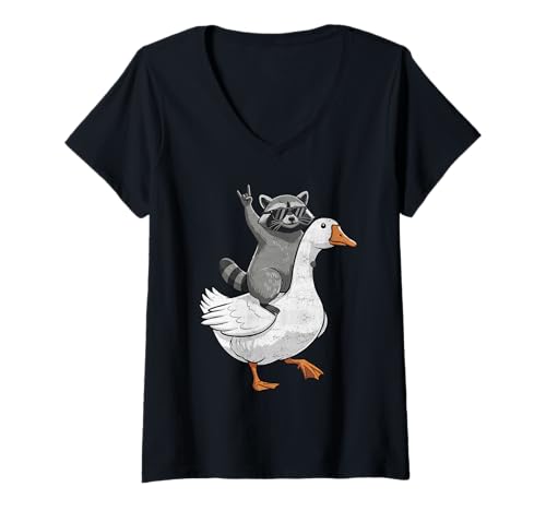 Damen Lustiger Waschbär reitende Gans Rockmusik Vintage albernes Tier T-Shirt mit V-Ausschnitt Damen Lustiger Waschbär reitende Gans Rockmusik Vintage albernes Tier T-Shirt mit V-Ausschnitt von Retro Animal Antics