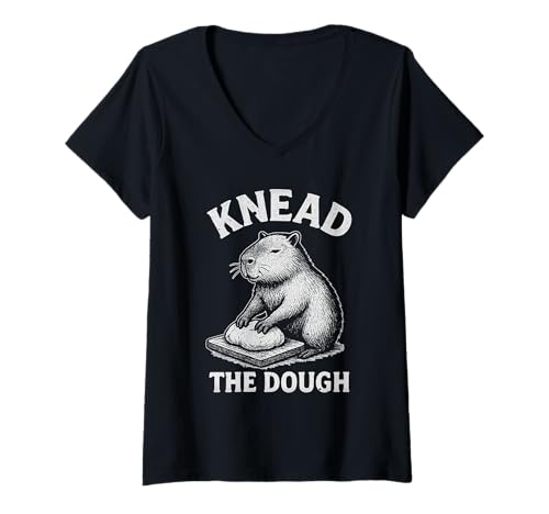 Damen Capybara Backen Brot Kneten Teig Wortspiel T-Shirt mit V-Ausschnitt Damen Capybara Backen Brot Kneten Teig Wortspiel T-Shirt mit V-Ausschnitt von Retro Animal Bakery Tee for Bakers