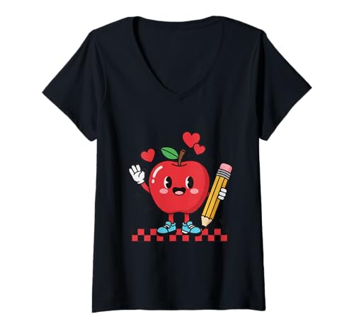 Damen Niedlicher Retro-Apple-Lehrer T-Shirt mit V-Ausschnitt Damen Niedlicher Retro-Apple-Lehrer T-Shirt mit V-Ausschnitt von Retro Apple Teacher Co