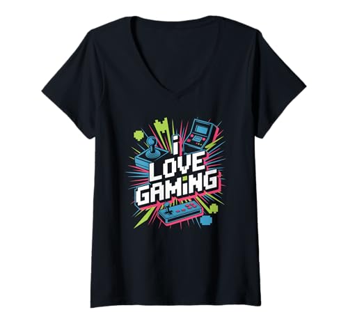 Damen Ich Liebe Gaming Retro-Joystick Pixel Art T-Shirt mit V-Ausschnitt Damen Ich Liebe Gaming Retro-Joystick Pixel Art T-Shirt mit V-Ausschnitt von Retro Arcade Gaming Enthusiast Design
