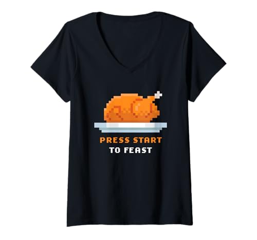 Damen Retro Arcade Pixelated Game Turkey – Press Start to Feast T-Shirt mit V-Ausschnitt Damen Retro Arcade Pixelated Game Turkey – Press Start to Feast T-Shirt mit V-Ausschnitt von Retro Arcade Pixelated Thanksgiving Graphics