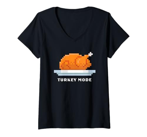 Damen Retro Arcade Pixelated Game Turkey – Turkey Mode T-Shirt mit V-Ausschnitt Damen Retro Arcade Pixelated Game Turkey – Turkey Mode T-Shirt mit V-Ausschnitt von Retro Arcade Pixelated Thanksgiving Graphics