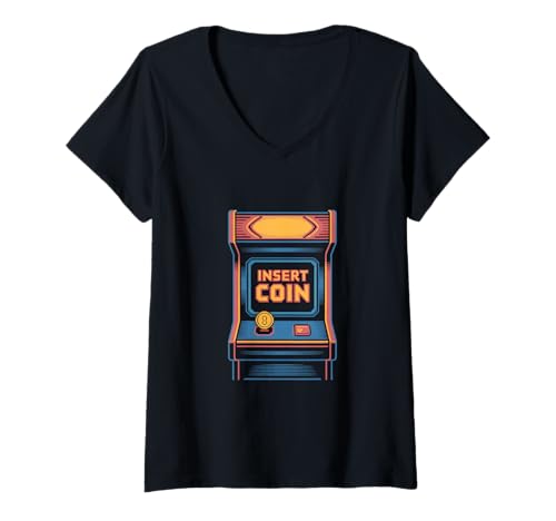 Damen Arcade Spielautomat Retro 80er Insert Coin Gaming T-Shirt mit V-Ausschnitt Damen Arcade Spielautomat Retro 80er Insert Coin Gaming T-Shirt mit V-Ausschnitt von Retro Arcade Spielhalle 80er Gaming Insert Coin