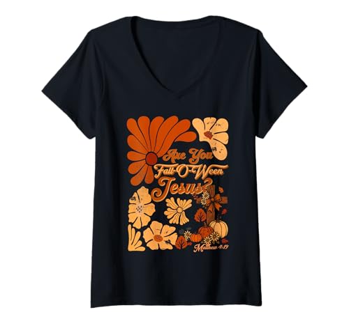 Damen Boho Christian Herbst Thanksgiving Bist du Herbst-O-Ween Jesus T-Shirt mit V-Ausschnitt Damen Boho Christian Herbst Thanksgiving Bist du Herbst-O-Ween Jesus T-Shirt mit V-Ausschnitt von Retro Are You Fall-O-Ween Jesus Funny Thanksgiving
