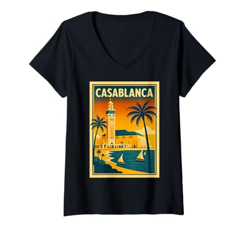 Damen Casablanca Marokko Vintage Reiseposter T-Shirt mit V-Ausschnitt Damen Casablanca Marokko Vintage Reiseposter T-Shirt mit V-Ausschnitt von Retro Art Deco Cityscape Design
