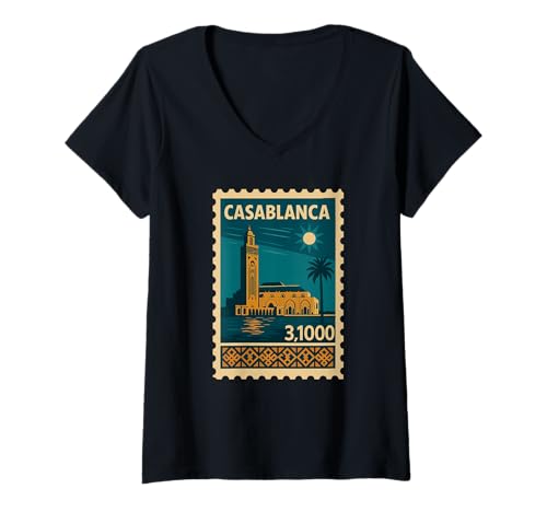 Damen Casablanca Marokko Vintage Reiseposter T-Shirt mit V-Ausschnitt von Retro Art Deco Cityscape Design