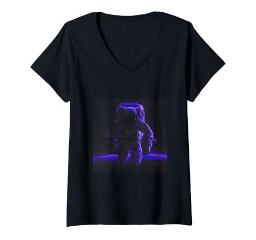 Damen Minimalistischer Astronaut im Weltraum Astronomie Planeten Astronauten T-Shirt mit V-Ausschnitt von Retro Astronaut in Pixelated Style Designs
