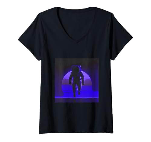 Damen Minimalistischer Astronaut im Weltraum Astronomie Planeten Astronauten T-Shirt mit V-Ausschnitt Damen Minimalistischer Astronaut im Weltraum Astronomie Planeten Astronauten T-Shirt mit V-Ausschnitt von Retro Astronaut in Pixelated Style Designs