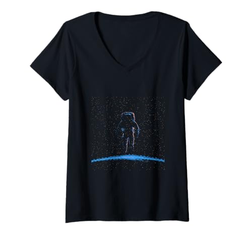 Damen Minimalistischer Astronaut im Weltraum Astronomie Planeten T-Shirt mit V-Ausschnitt Damen Minimalistischer Astronaut im Weltraum Astronomie Planeten T-Shirt mit V-Ausschnitt von Retro Astronaut in Pixelated Style Designs