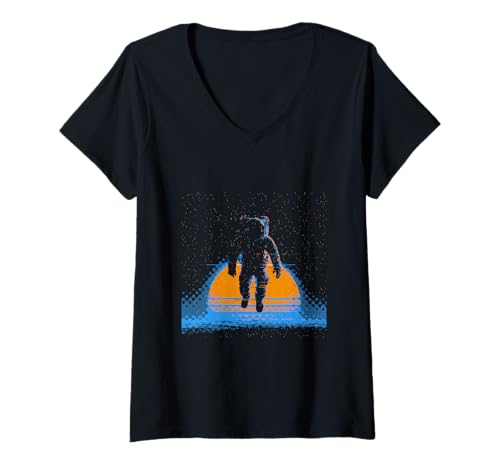 Damen Minimalistischer Astronaut im Weltraum Astronomie Planeten T-Shirt mit V-Ausschnitt von Retro Astronaut in Pixelated Style Designs