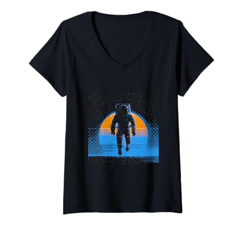 Damen Minimalistischer Astronaut im Weltraum Astronomie Planeten T-Shirt mit V-Ausschnitt Damen Minimalistischer Astronaut im Weltraum Astronomie Planeten T-Shirt mit V-Ausschnitt von Retro Astronaut in Pixelated Style Designs