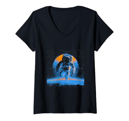 Damen Minimalistischer Astronaut im Weltraum Astronomie Planeten T-Shirt mit V-Ausschnitt Damen Minimalistischer Astronaut im Weltraum Astronomie Planeten T-Shirt mit V-Ausschnitt von Retro Astronaut in Pixelated Style Designs