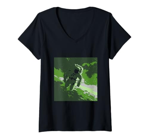 Damen Pixelierter Astronaut im Weltraum Astronomie Planeten Astronauten T-Shirt mit V-Ausschnitt von Retro Astronaut in Pixelated Style Designs