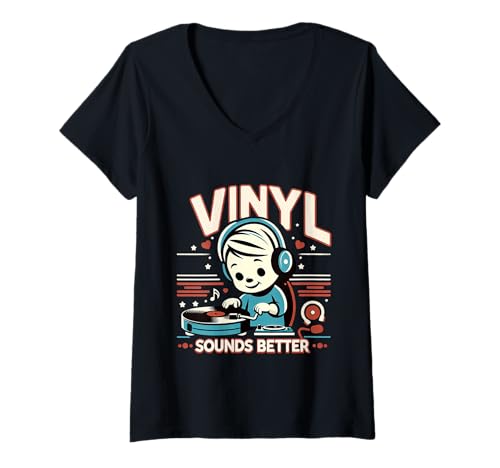 Damen Vinyl Sounds Better Analoger Musiksammler schätzen ||---- T-Shirt mit V-Ausschnitt von Retro Audiophile Wertschätzung