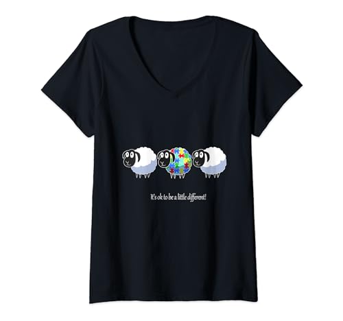 Damen It's Ok To Be A Little Different Sheep Vintage Autism T-Shirt mit V-Ausschnitt von Retro Autism Puzzle Tee sheep Awareness