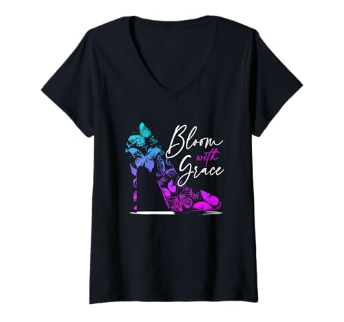 Damen Bloom With Grace – Vintage Schmetterlinge High Heels Grafik T-Shirt mit V-Ausschnitt Damen Bloom With Grace – Vintage Schmetterlinge High Heels Grafik T-Shirt mit V-Ausschnitt von Retro Awesome Graphics Apparel Gifts