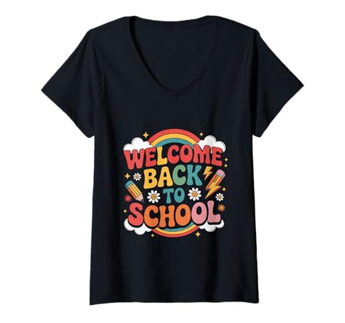 Damen Groovy Willkommen zurück in die Schule Lehrer Appreciation Boys Girl T-Shirt mit V-Ausschnitt Damen Groovy Willkommen zurück in die Schule Lehrer Appreciation Boys Girl T-Shirt mit V-Ausschnitt von Retro Back to School