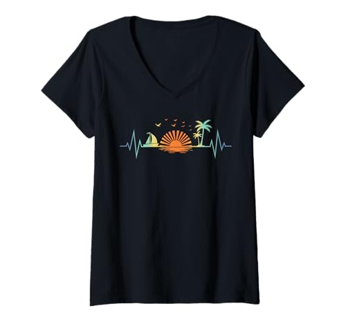 Damen Retro Beach Tropical Sunset Palm Trees Heartbeat Vibes T-Shirt mit V-Ausschnitt von Retro Beach Summer Vacation Heartbeat Outfit