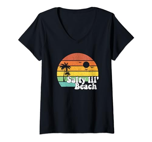 Damen Salty Lil Beach Retro Urlaub Lustiges Sommerzitat Frauen Geschenk T-Shirt mit V-Ausschnitt von Retro Beach Vacation Summer Quotes Shirts & Gifts