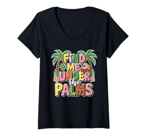 Damen Cooler tropischer Retro-Strandurlaub „Finde Mich unter den Palmen“ T-Shirt mit V-Ausschnitt von Retro Beach Vibes Funny Vacation Party Trip Tees