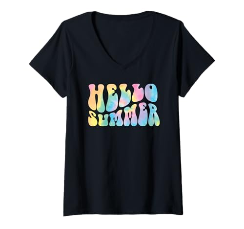 Damen Groovy Hello Summer Batik im Retro-Look, groovy, ästhetisch, 70er-Jahre-Strand T-Shirt mit V-Ausschnitt Damen Groovy Hello Summer Batik im Retro-Look, groovy, ästhetisch, 70er-Jahre-Strand T-Shirt mit V-Ausschnitt von Retro Beach Vibes Funny Vacation Party Trip Tees