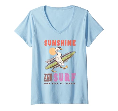Damen Lustiger Gans Surf Club Sunshine and Surf Summer Beach Humor T-Shirt mit V-Ausschnitt von Retro Beach Vibes Funny Vacation Party Trip Tees