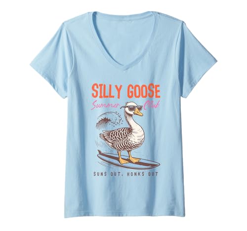 Damen Lustiger Silly Goose Summer Club Surfer Bird Sonnen Out Honks Out T-Shirt mit V-Ausschnitt von Retro Beach Vibes Funny Vacation Party Trip Tees