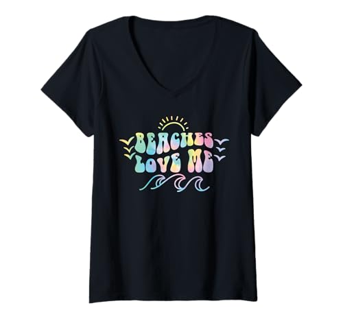 Damen Pastell Retro Strände Love Me Shirt mit Wellen und Sonnenkunst T-Shirt mit V-Ausschnitt Damen Pastell Retro Strände Love Me Shirt mit Wellen und Sonnenkunst T-Shirt mit V-Ausschnitt von Retro Beach Vibes Funny Vacation Party Trip Tees